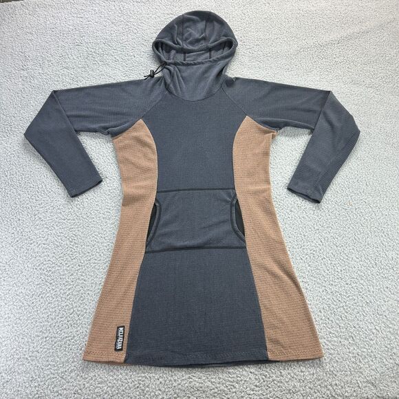 Melanzana Dresses & Skirts - Melanzana Womens Small Micro Grid Hoodie Dress Pockets EUC Gray Tan